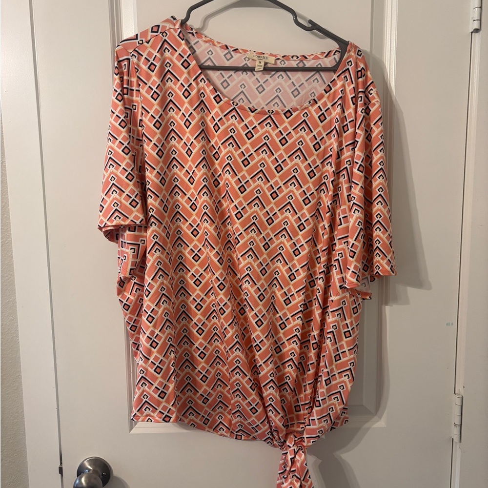 Stylish Geometric Women's Blouse - Coral and Black